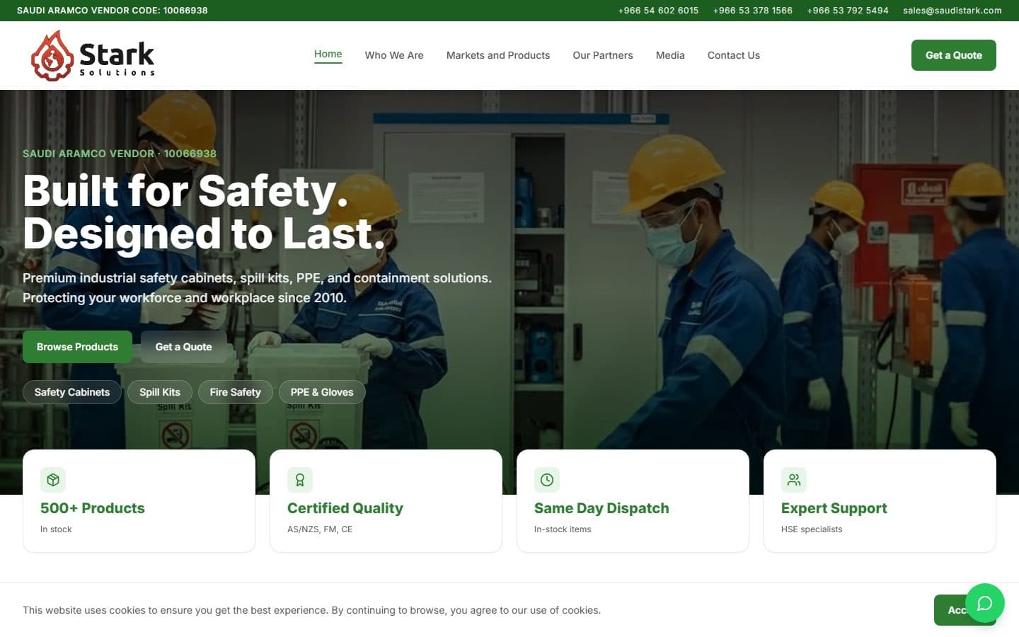 SaudiStark industrial catalog website — product grid with search and RFQ, built by Xplico